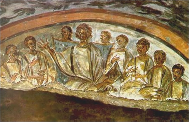 Fresco of Christ Among the Apostles is in an arcosolium of the Crypt of Ampliatus in the Catacombs of St. Domitilla in Rome