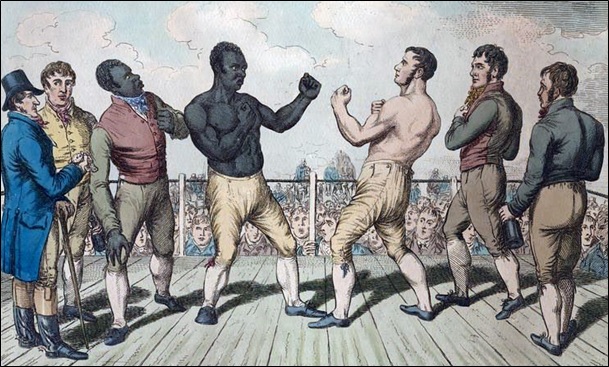 The battle between Crib [Cribb] and Molineaux. Hand colored engraving.