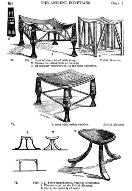 1. Stool of ebony inlaid with ivory 2. Shows the inlaid parts of the legs 3. Of ordinary construction, in the same collection