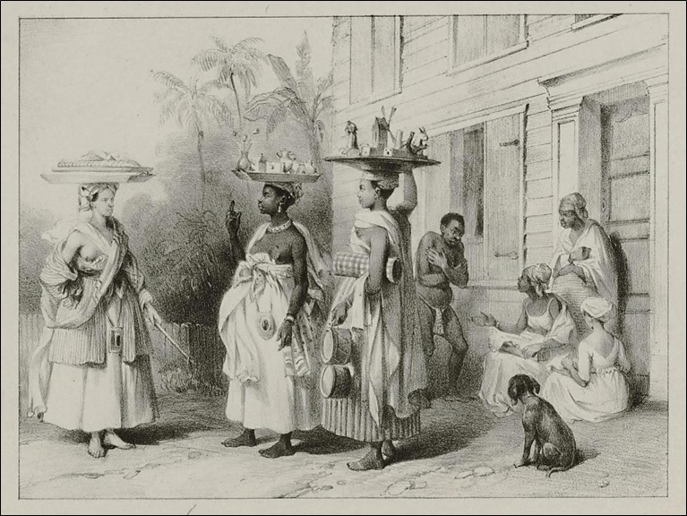 Women balancing round trays of goods on their heads