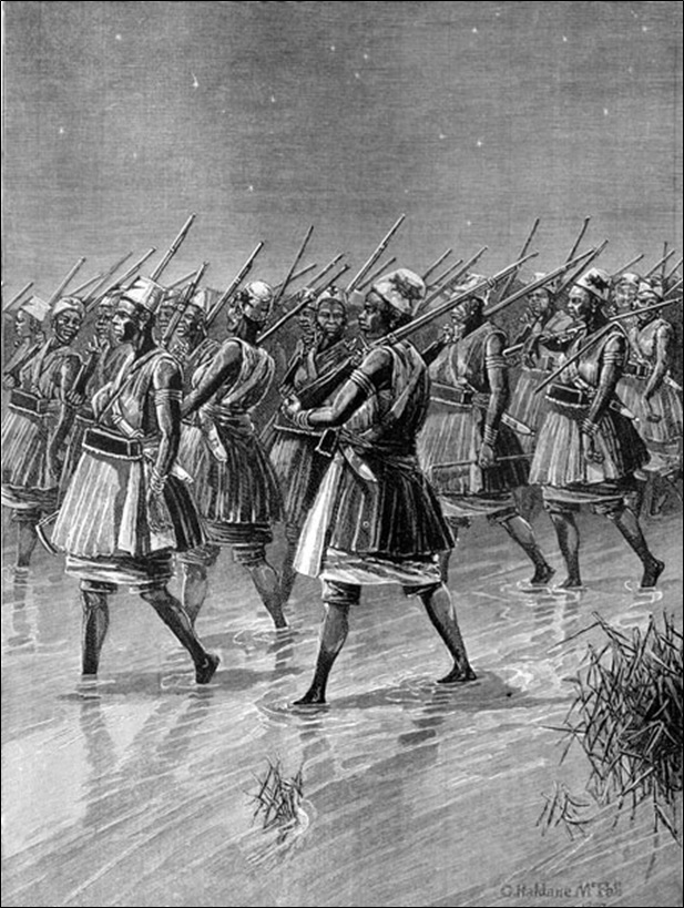 Amazons Crossing a Swamp on the March