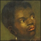 A painting on panel depicting the head of a black page boy wearing a silver collar indicating his status as a slave