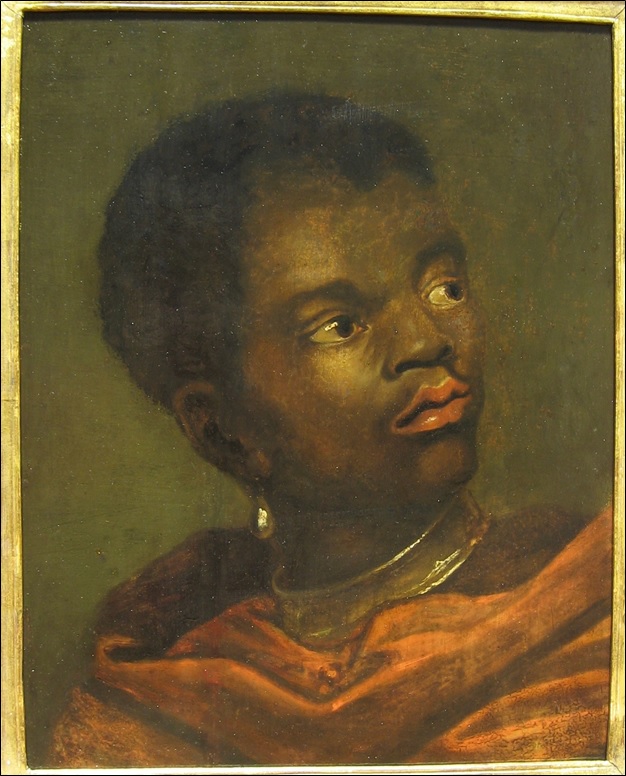 A painting on panel depicting the head of a black page boy wearing a silver collar indicating his status as a slave