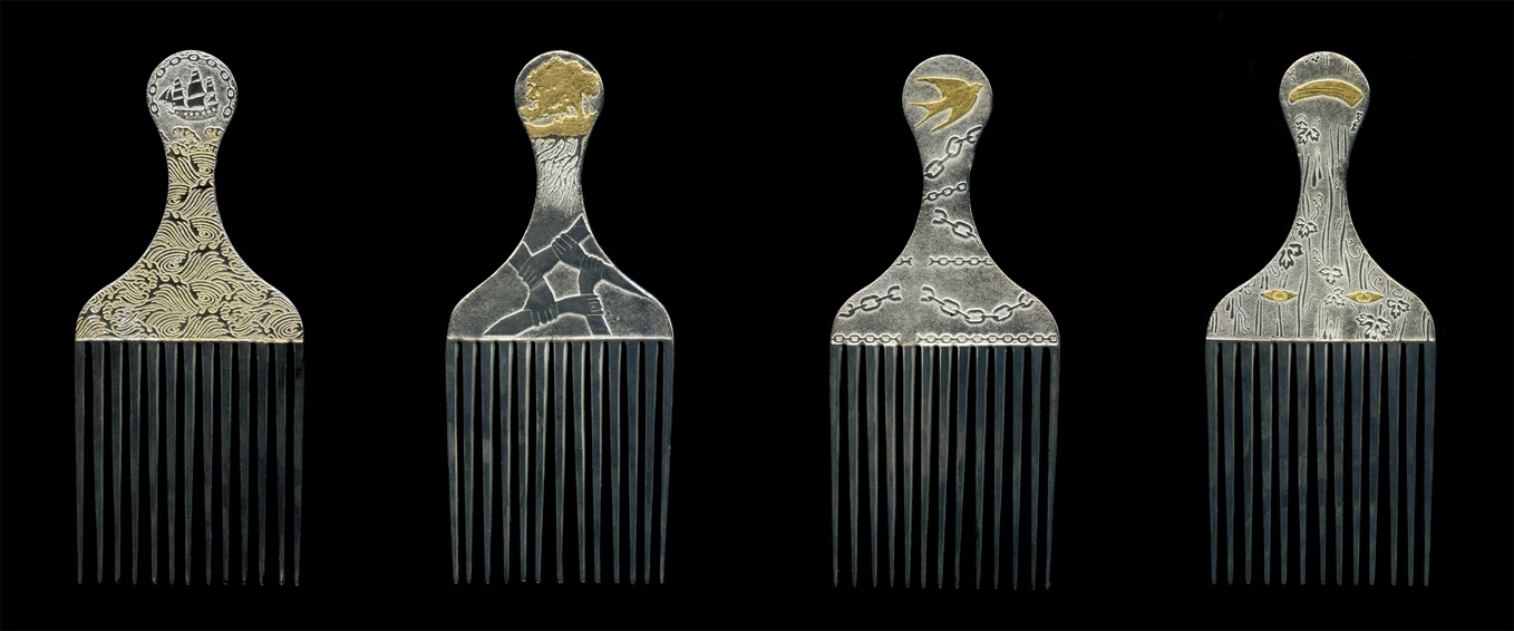 Four African combs from a collection of ten depicting the story of the Jamaican Maroons