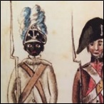 Continental soldiers at Yorktown; on the left, an African American soldier of the 1st Rhode Island Regiment