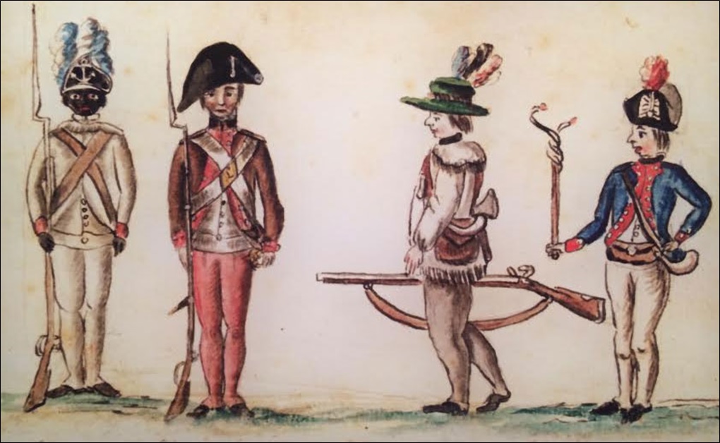 Continental soldiers at Yorktown; on the left, an African American soldier of the 1st Rhode Island Regiment