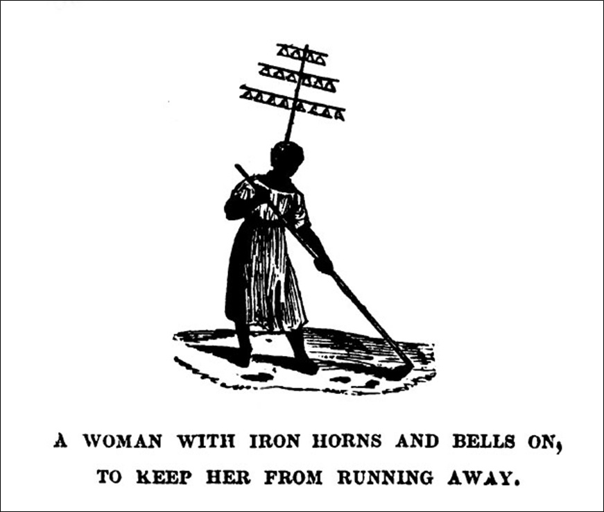 A woman with iron horns and bells on, to keep her from running away.