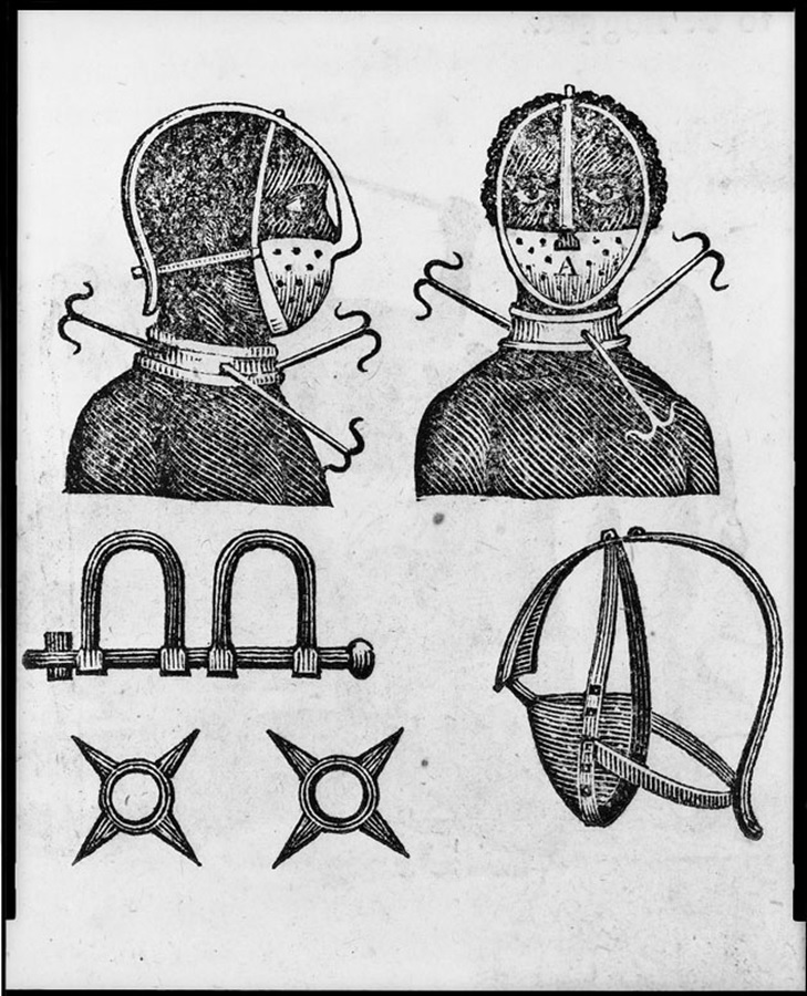 Slavery-Punishment-Iron mask, collar, leg shackles and spurs used to restrict slaves-SMALL