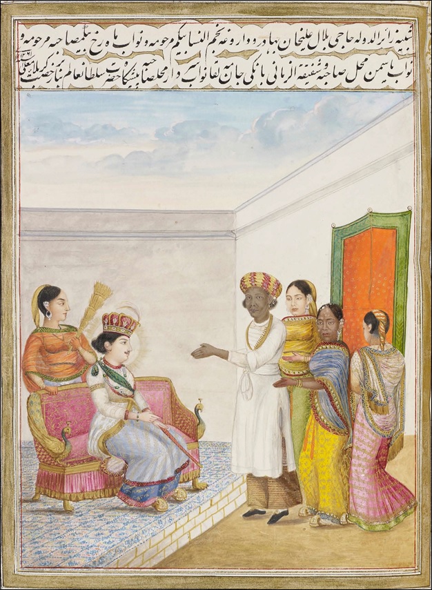 African eunuch (3rd from left) and African queen Yasmin (2nd from right) at the court of Wajid Ali Shah.