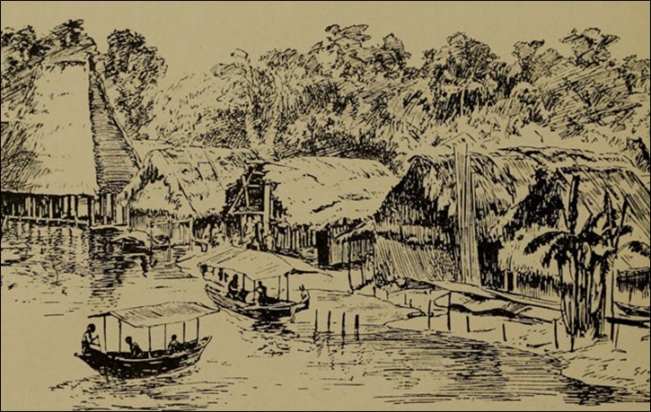 A Jekri village on the Benin River, with Yoruba building on the left hand side