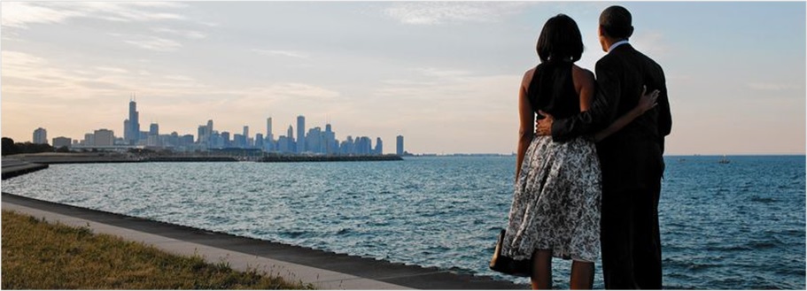 President Barack Obama and Michelle Obama gaze at the Chicago skyline in 2012. (Pete Souza, White House photo)